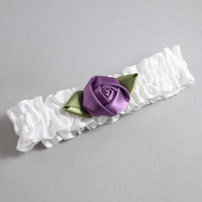 White and Amethyst Rose Bud Satin Wedding Garter / White and Purple Wedding Garters / Wedding Garter / Custom Wedding Garter / Bridal Garter / Prom Garter / Linda Joyce Couture / Personalized Garter / Personalized Wedding Garter / Personalized Prom Garter