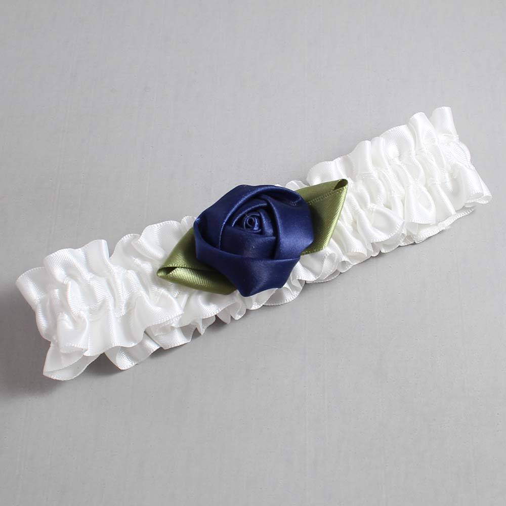 White and Navy Blue Rose Bud Satin Wedding Garter / White and Blue Wedding Garters / Wedding Garter / Custom Wedding Garter / Bridal Garter / Prom Garter / Linda Joyce Couture / Personalized Garter / Personalized Wedding Garter / Personalized Prom Garter