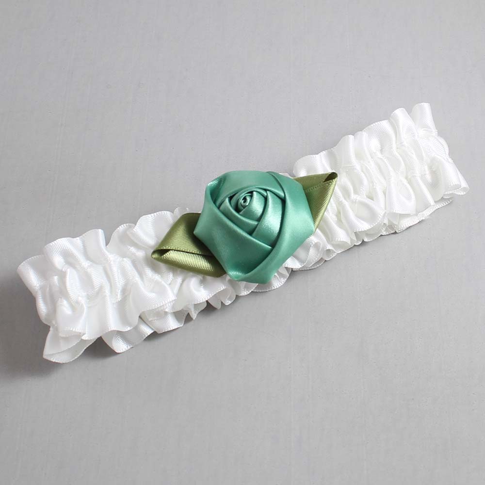 White and Celadon Rose Bud Satin Wedding Garter / White and Green Wedding Garters / Wedding Garter / Custom Wedding Garter / Bridal Garter / Prom Garter / Linda Joyce Couture / Personalized Garter / Personalized Wedding Garter / Personalized Prom Garter