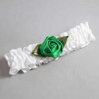 White and Islamic Green Rose Bud Satin Wedding Garter / White and Green Wedding Garters / Wedding Garter / Custom Wedding Garter / Bridal Garter / Prom Garter / Linda Joyce Couture / Personalized Garter / Personalized Wedding Garter / Personalized Prom Garter