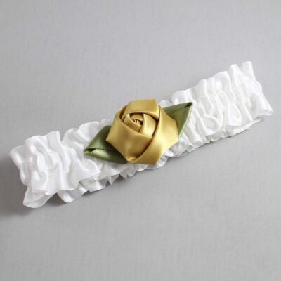 White and Dijon Rose Bud Satin Wedding Garter / White and Gold Wedding Garters / Wedding Garter / Custom Wedding Garter / Bridal Garter / Prom Garter / Linda Joyce Couture / Personalized Garter / Personalized Wedding Garter / Personalized Prom Garter