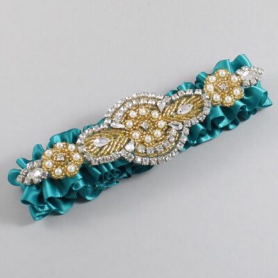 Jade Satin with Gold Wedding Garter / Teal Wedding Garters / Charlotte # (346-346)-01-A05-Gold