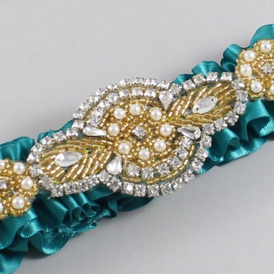 Jade Satin with Gold Wedding Garter / Teal Wedding Garters / Charlotte # (346-346)-01-A05-Gold
