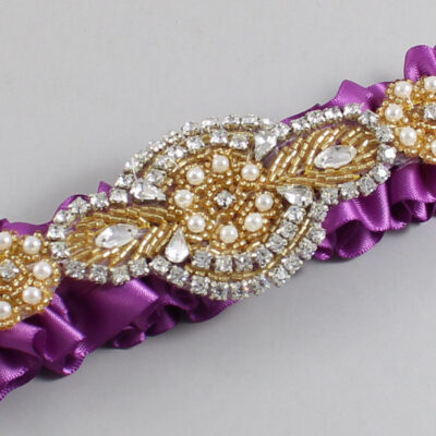 Helio Satin with Gold Wedding Garter / Purple Wedding Garters / Charlotte # (541-541)-01-A05-Gold