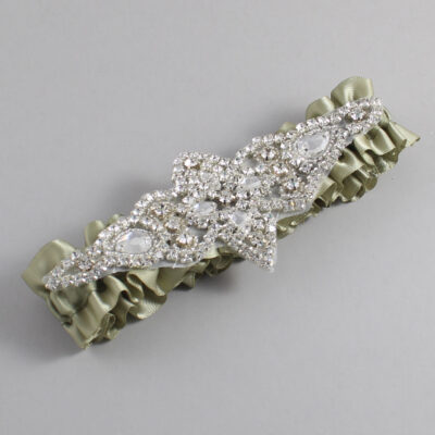 Soft Pine Satin Wedding Garter / Solid Green Wedding Garters / Lorine # (566-566)-01-A09-Silver
