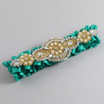 Parrot Green Satin with Gold Wedding Garter / Teal Wedding Garters / Charlotte # (583-583)-01-A05-Gold
