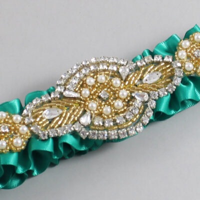 Parrot Green Satin with Gold Wedding Garter / Teal Wedding Garters / Charlotte # (583-583)-01-A05-Gold