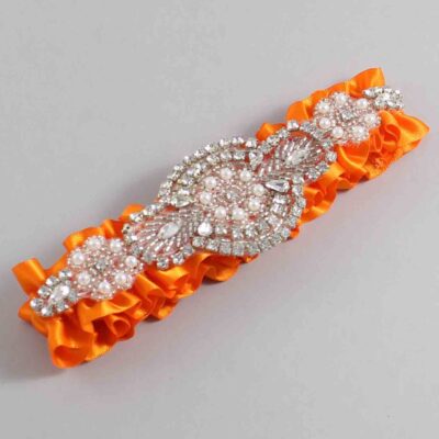 Tangerine Satin Wedding Garter / Solid Orange Wedding Garters / Charlotte # (668-668)-01-A06-Silver