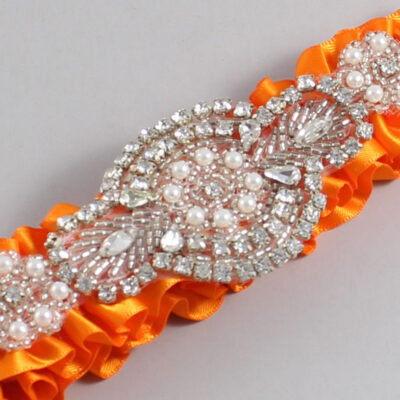 Tangerine Satin Wedding Garter / Solid Orange Wedding Garters / Charlotte # (668-668)-01-A06-Silver