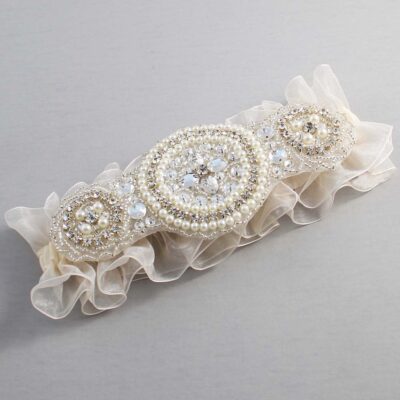 Ivory and Ivory Organza Wedding Garter / Ivory and Solid Ivory Wedding Garters / Linda # (Ivory-871-871)-13-A00