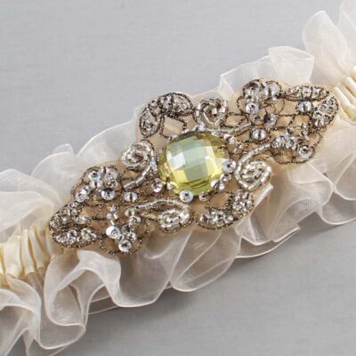 Ivory and Brown Wedding Garter / Ivory Wedding Garters / Bijou # (Ivory-871-871)-13-A01-Antique