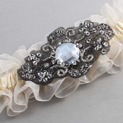 Ivory and Black Wedding Garter / Ivory Wedding Garters / Bijou # (Ivory-871-871)-13-A02-Black