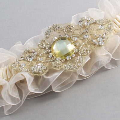 Ivory and Gold Wedding Garter / Ivory Wedding Garters / Bijou # (Ivory-871-871)-13-A03-Gold