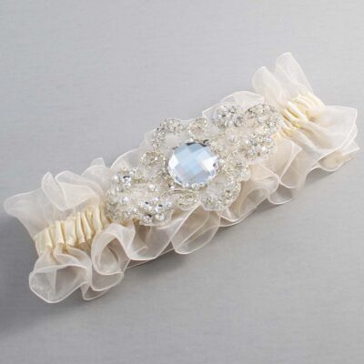 Ivory and Ivory Organza Wedding Garter / Ivory and Solid Ivory Wedding Garters / Bijou # (Ivory-871-871)-13-A04-Silver