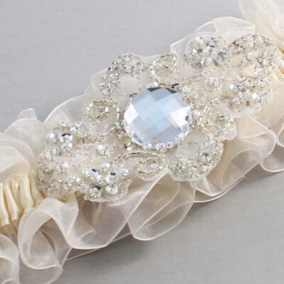Ivory and Ivory Organza Wedding Garter / Ivory and Solid Ivory Wedding Garters / Bijou # (Ivory-871-871)-13-A04-Silver