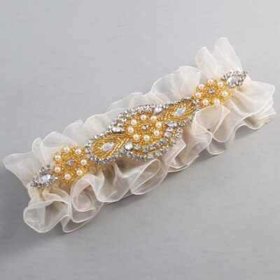 Ivory and Gold Wedding Garter / Ivory Wedding Garters / Charlotte # (Ivory-871-871)-13-A05-Gold