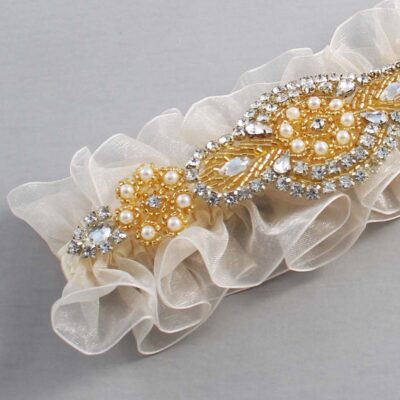 Ivory and Gold Wedding Garter / Ivory Wedding Garters / Charlotte # (Ivory-871-871)-13-A05-Gold
