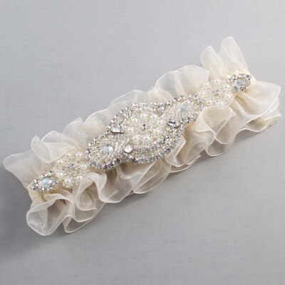 Ivory and Ivory Organza Wedding Garter / Ivory and Solid Ivory Wedding Garters / Charlotte # (Ivory-871-871)-13-A06-Silver