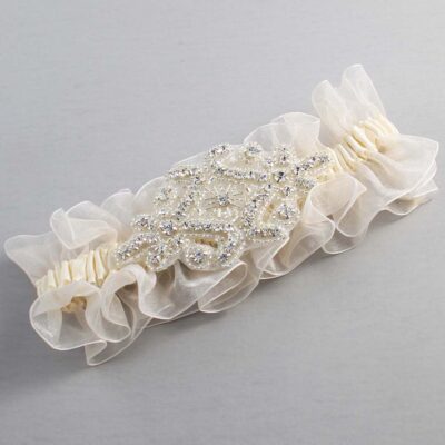Ivory and Ivory Organza Wedding Garter / Ivory and Solid Ivory Wedding Garters / Heather # (Ivory-871-871)-13-A07-Silver