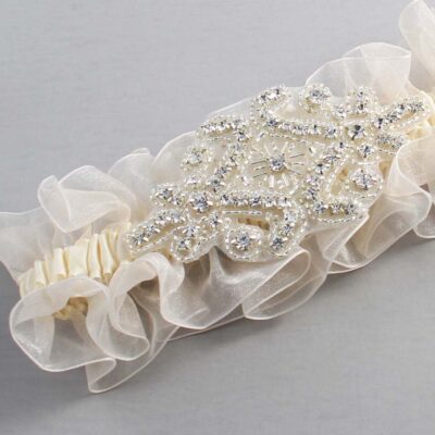 Ivory and Ivory Organza Wedding Garter / Ivory and Solid Ivory Wedding Garters / Heather # (Ivory-871-871)-13-A07-Silver