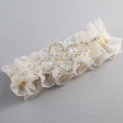 Ivory and Ivory Organza Wedding Garter / Ivory and Solid Ivory Wedding Garters / Isabella # (Ivory-871-871)-13-A08-Silver
