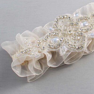 Ivory and Ivory Organza Wedding Garter / Ivory and Solid Ivory Wedding Garters / Isabella # (Ivory-871-871)-13-A08-Silver