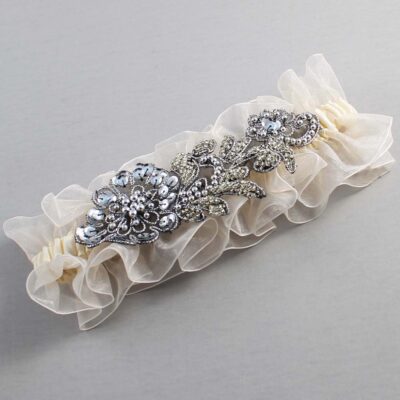 Ivory and Gray Wedding Garter / Solid Ivory Wedding Garters / Ashley # (Ivory-871-871)-13-A11-Silver
