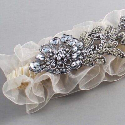 Ivory and Gray Wedding Garter / Solid Ivory Wedding Garters / Ashley # (Ivory-871-871)-13-A11-Silver