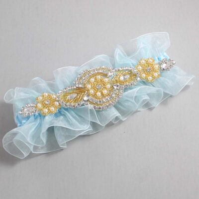 Alice Blue and Gold Wedding Garter / Blue Wedding Garters / Charlotte # (Light Blue-305-305)-13-A05-Gold