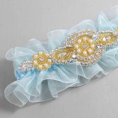 Alice Blue and Gold Wedding Garter / Blue Wedding Garters / Charlotte # (Light Blue-305-305)-13-A05-Gold