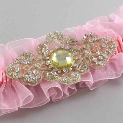 Pink and Gold Wedding Garter / Pink Wedding Garters / Bijou # (Pink-156-156)-13-A03-Gold