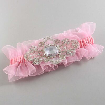 Solid Pink Organza Wedding Garter / Solid Pink Wedding Garters / Bijou # (Pink-156-156)-13-A04-Silver