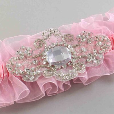 Solid Pink Organza Wedding Garter / Solid Pink Wedding Garters / Bijou # (Pink-156-156)-13-A04-Silver