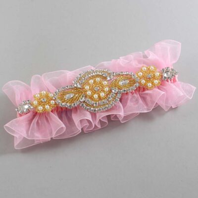 Pink and Gold Wedding Garter / Pink Wedding Garters / Charlotte # (Pink-156-156)-13-A05-Gold