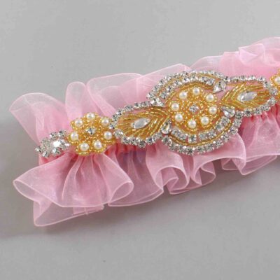 Pink and Gold Wedding Garter / Pink Wedding Garters / Charlotte # (Pink-156-156)-13-A05-Gold