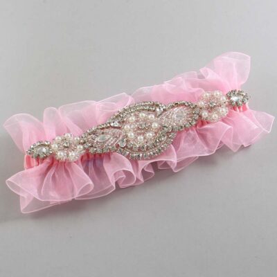 Solid Pink Organza Wedding Garter / Solid Pink Wedding Garters / Charlotte # (Pink-156-156)-13-A06-Silver