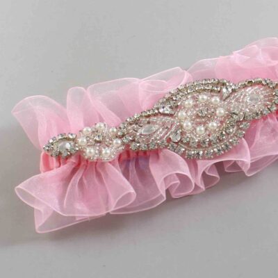 Solid Pink Organza Wedding Garter / Solid Pink Wedding Garters / Charlotte # (Pink-156-156)-13-A06-Silver