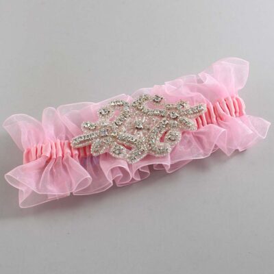 Solid Pink Organza Wedding Garter / Solid Pink Wedding Garters / Heather # (Pink-156-156)-13-A07-Silver