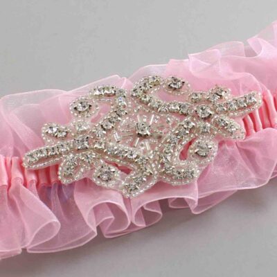 Solid Pink Organza Wedding Garter / Solid Pink Wedding Garters / Heather # (Pink-156-156)-13-A07-Silver