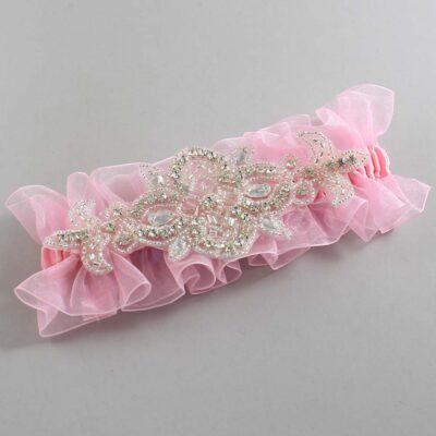Solid Pink Organza Wedding Garter / Solid Pink Wedding Garters / Isabella # (Pink-156-156)-13-A08-Silver
