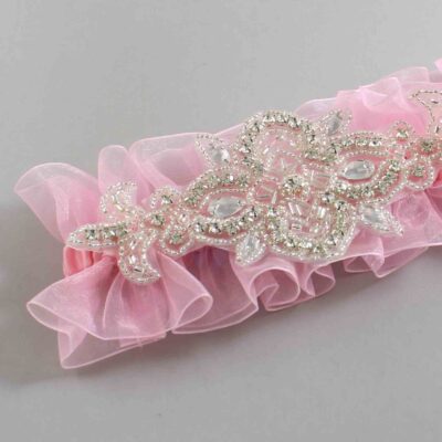 Solid Pink Organza Wedding Garter / Solid Pink Wedding Garters / Isabella # (Pink-156-156)-13-A08-Silver