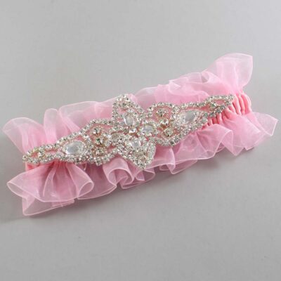 Solid Pink Organza Wedding Garter / Solid Pink Wedding Garters / Lorine # (Pink-156-156)-13-A09-Silver