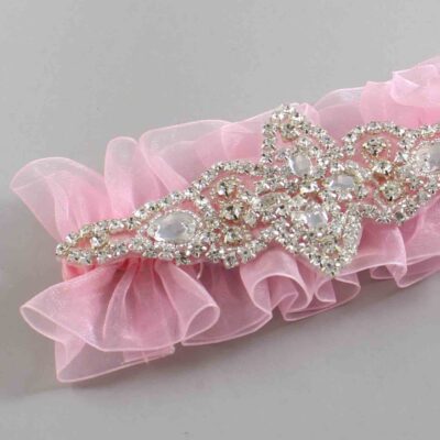 Solid Pink Organza Wedding Garter / Solid Pink Wedding Garters / Lorine # (Pink-156-156)-13-A09-Silver