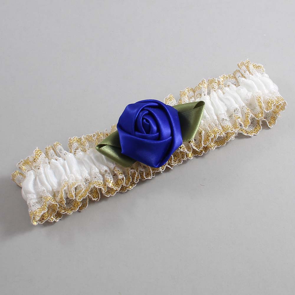 White Cobalt Rose and White-Gold Lace Wedding Garter / White and Blue Wedding Garters / Wedding Garter / Custom Wedding Garter / Bridal Garter / Prom Garter / Linda Joyce Couture / Personalized Garter / Personalized Wedding Garter / Personalized Prom Garter
