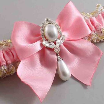 Pink and White-Gold Lace Wedding Garter / Pink and Gold Wedding Garters / Wedding Garter / Custom Wedding Garter / Bridal Garter / Prom Garter / Linda Joyce Couture / Personalized Garter / Personalized Wedding Garter / Personalized Prom Garter