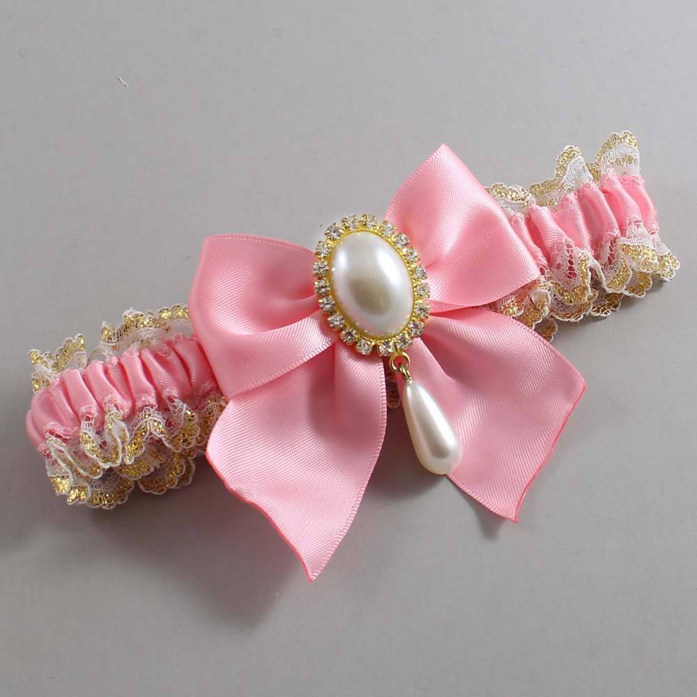 Pink and White-Gold Lace Wedding Garter / Pink and Gold Wedding Garters / Wedding Garter / Custom Wedding Garter / Bridal Garter / Prom Garter / Linda Joyce Couture / Personalized Garter / Personalized Wedding Garter / Personalized Prom Garter