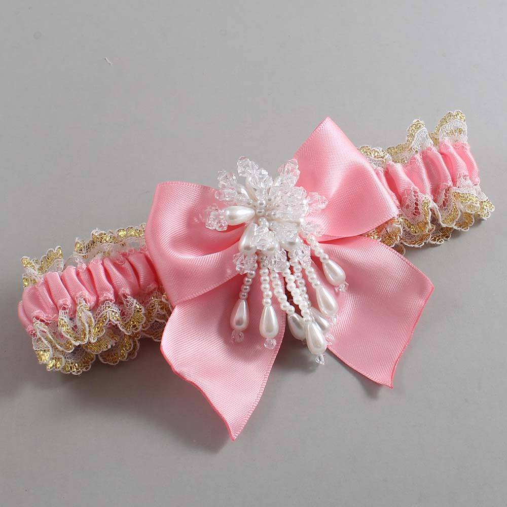 Pink and White-Gold Lace Wedding Garter / Pink and Gold Wedding Garters / Wedding Garter / Custom Wedding Garter / Bridal Garter / Prom Garter / Linda Joyce Couture / Personalized Garter / Personalized Wedding Garter / Personalized Prom Garter