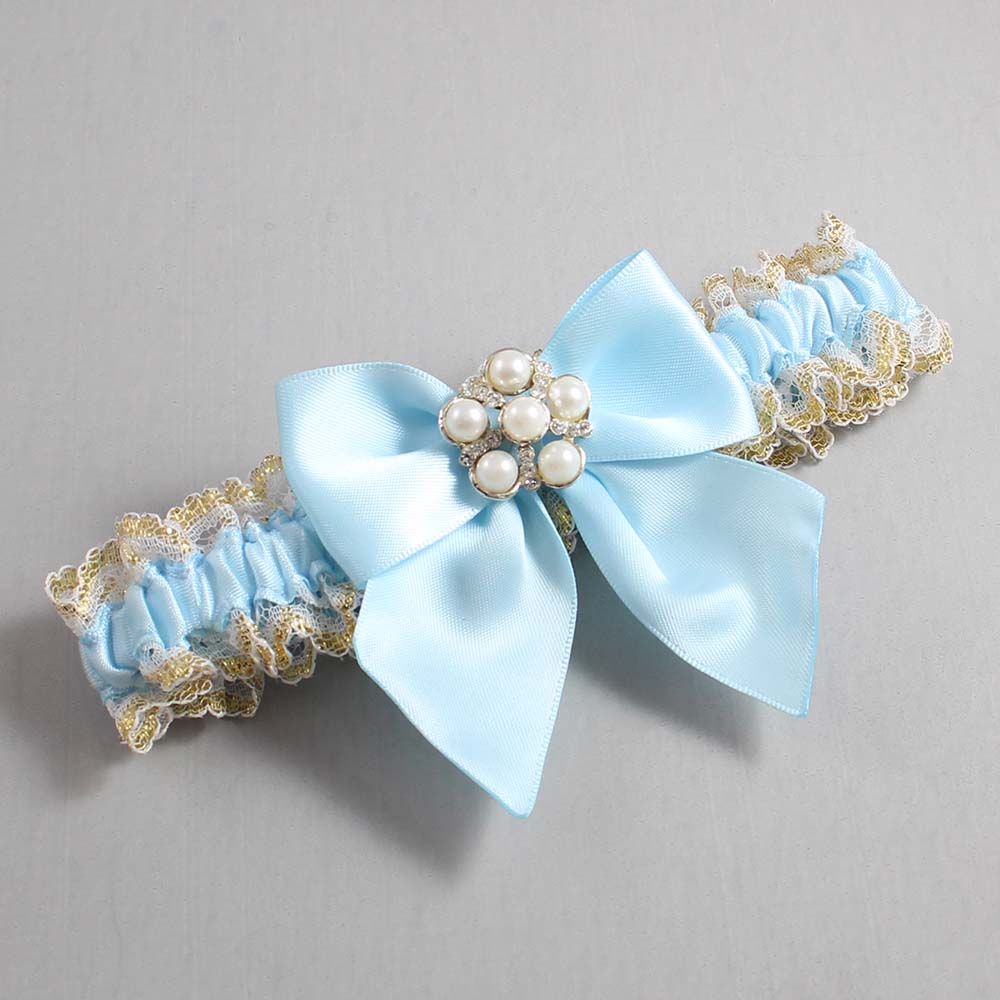 Alice Blue White-Gold Lace Wedding Garter / Blue and White Wedding Garters / Wedding Garter / Custom Wedding Garter / Bridal Garter / Prom Garter / Linda Joyce Couture / Personalized Garter / Personalized Wedding Garter / Personalized Prom Garter
