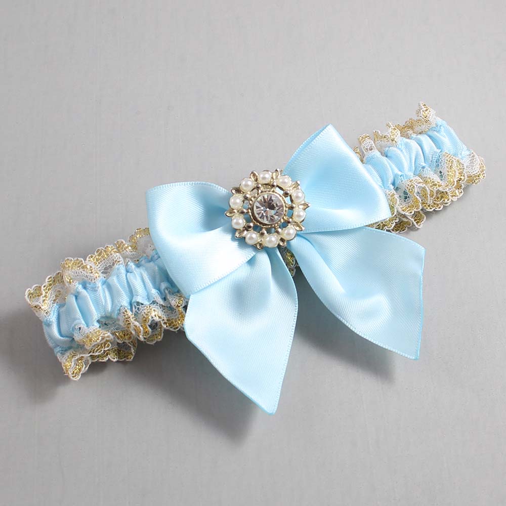 Alice Blue White-Gold Lace Wedding Garter / Blue and White Wedding Garters / Wedding Garter / Custom Wedding Garter / Bridal Garter / Prom Garter / Linda Joyce Couture / Personalized Garter / Personalized Wedding Garter / Personalized Prom Garter