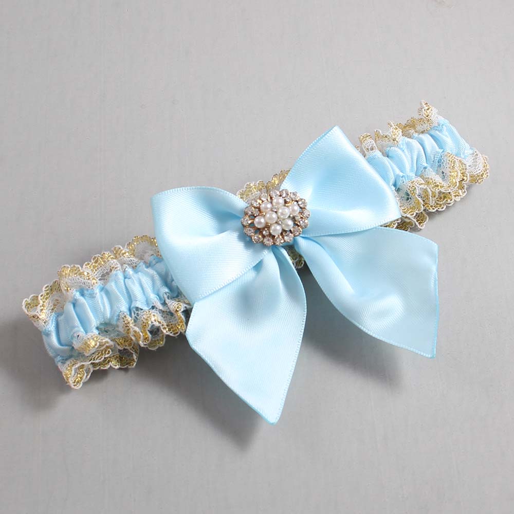 Alice Blue White-Gold Lace Wedding Garter / Blue and White Wedding Garters / Wedding Garter / Custom Wedding Garter / Bridal Garter / Prom Garter / Linda Joyce Couture / Personalized Garter / Personalized Wedding Garter / Personalized Prom Garter